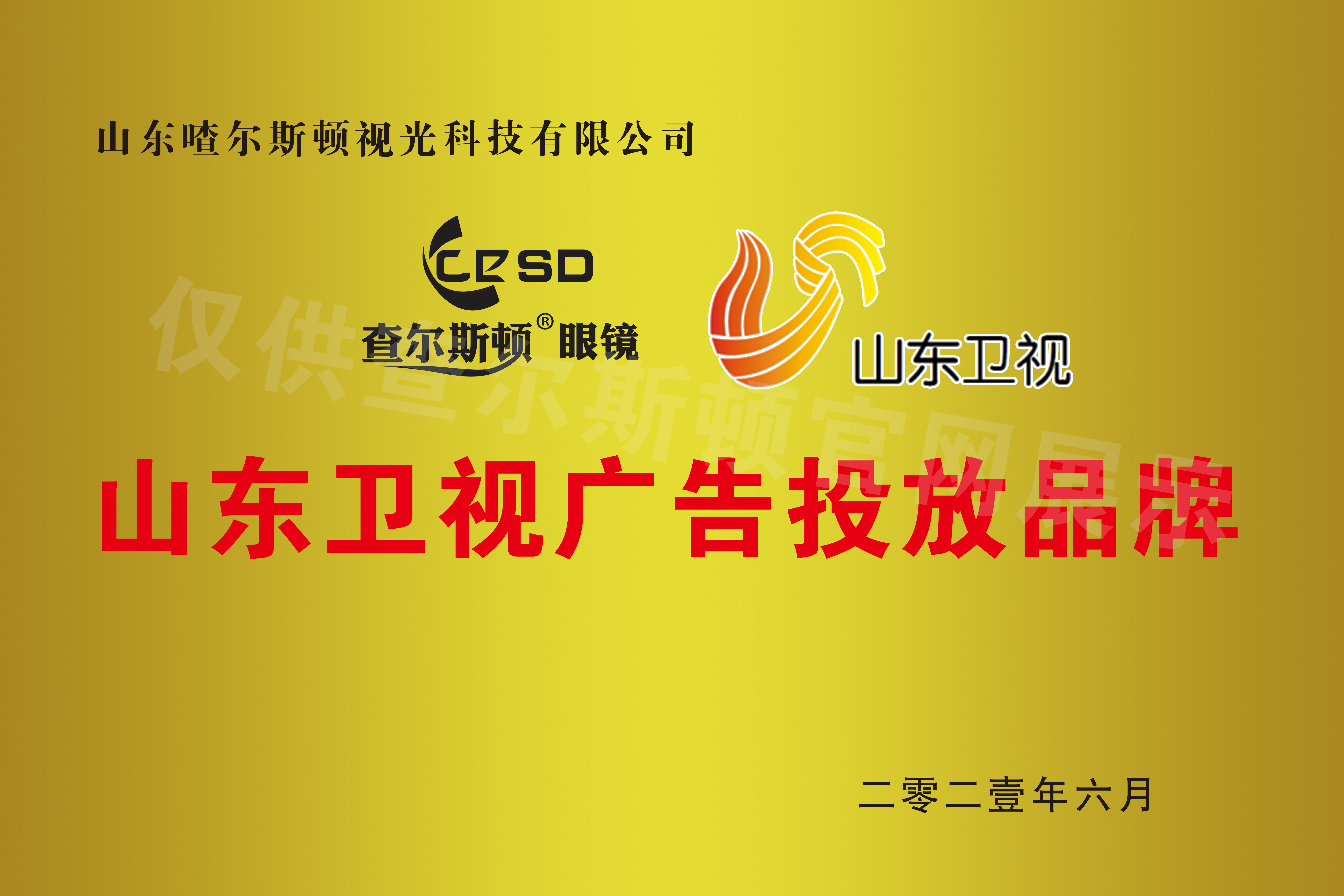Charleston Shandong TV Advertising Brand Certificate