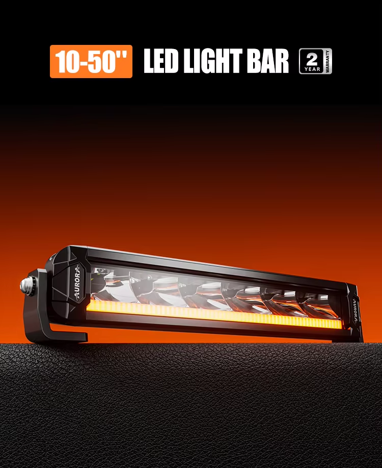Aurora 10-50 inch LED Light Bar with 2 Year Warranty on black leather surface