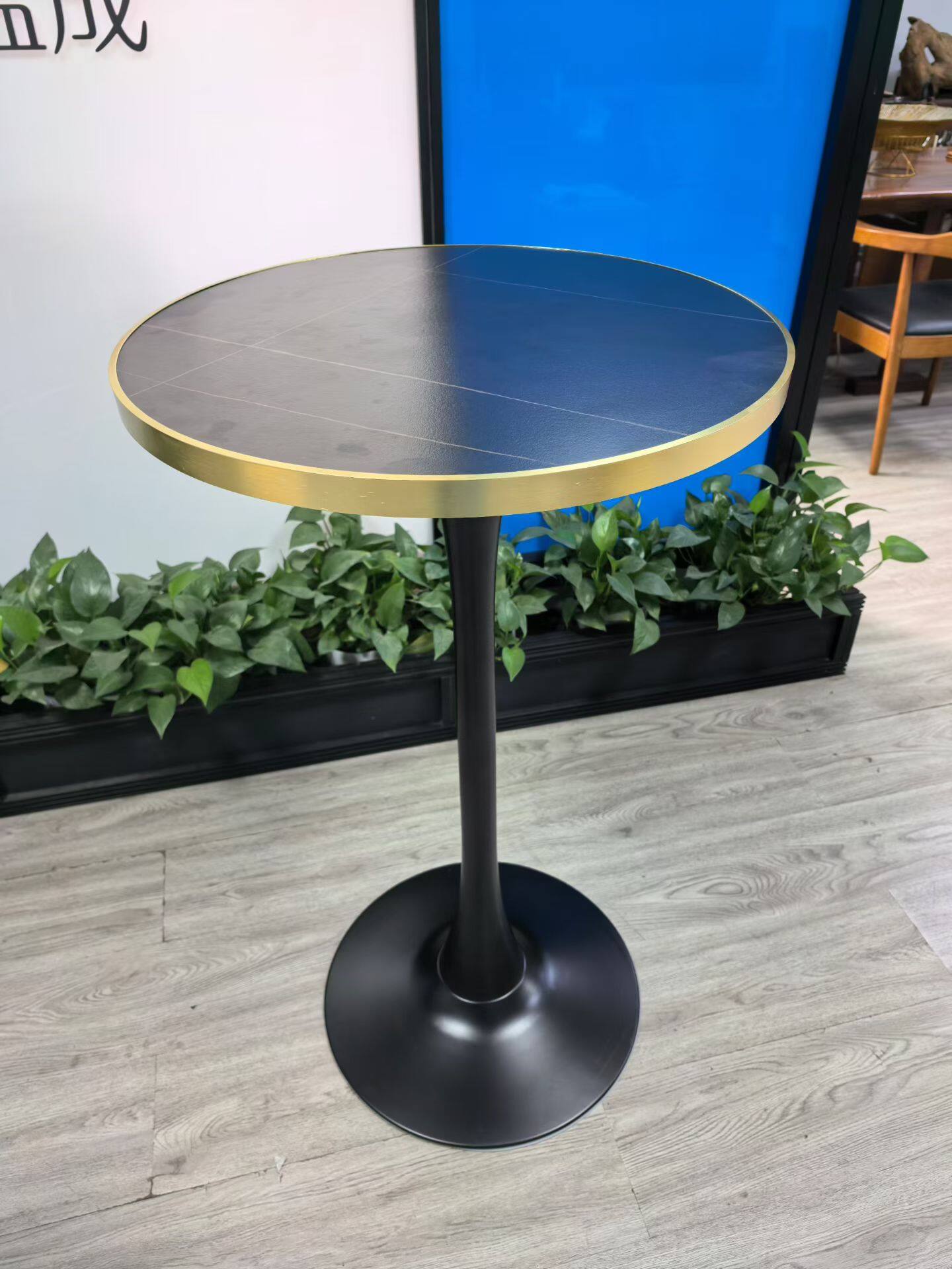 Gold-Trimmed Sintered Stone Top Round High-Leg Table