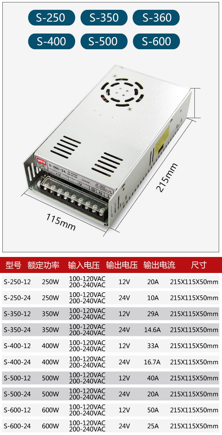 博创时空S系列开关电源 250W-600W 12V/24V双输出 工业级稳压电源 S-250/S-350/S-400/S-500/S-600