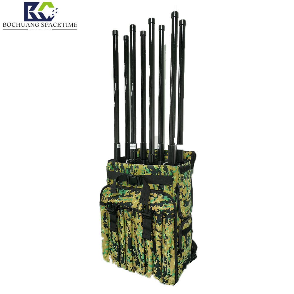 Backpack-style drone countermeasure device, 8-band 30W BCSK-BB08-3, 360° omnidirectional coverage, effective range of 500-1500m. Single-person portable low-altitude defense system.