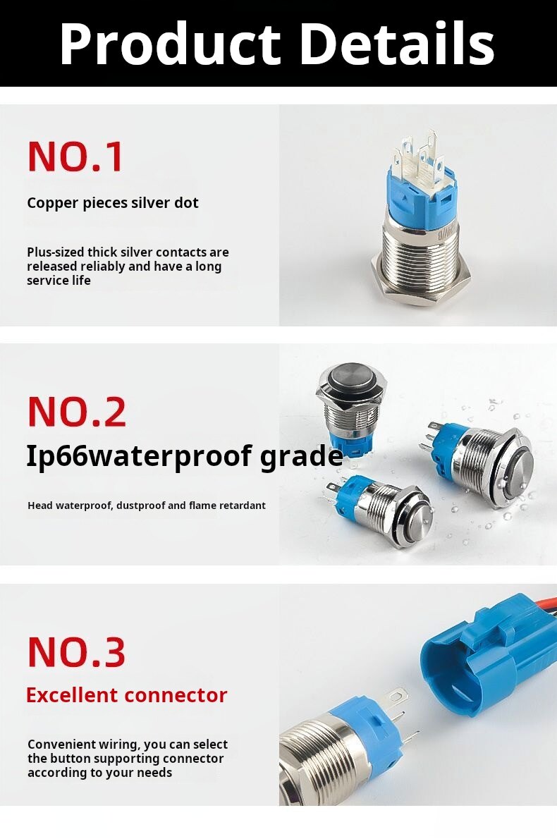 5A Metal Push Button Switch with Light | Self-Locking/Reset, Brass Nickel-Plated, Silver Contacts, IP65 Waterproof for Industrial Control, Automotive, and Drone Jammers - Bochuang Space-Time