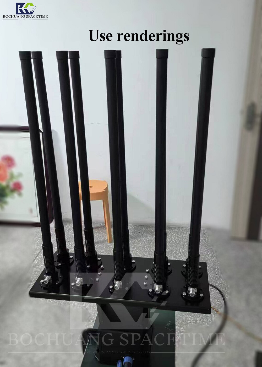 32×600mm vehicle-mounted fiberglass spring antenna, designed for mobile platforms. Supports 4G/5G/WiFi and UAV countermeasure bands, 100W high power output, IP67 water and dust resistance with shock protection, and features a secure flange mount.