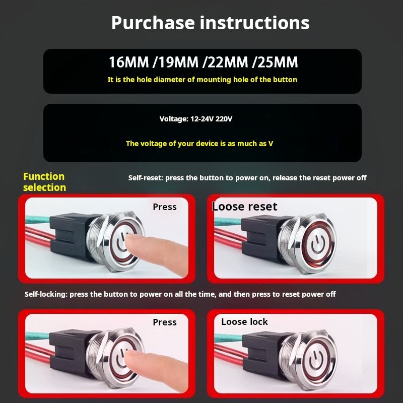 5A Metal Push Button Switch with Light | Self-Locking/Reset, Brass Nickel-Plated, Silver Contacts, IP65 Waterproof for Industrial Control, Automotive, and Drone Jammers - Bochuang Space-Time