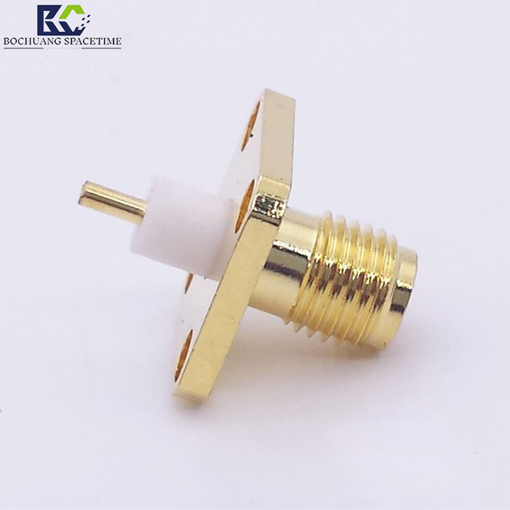 四孔法兰盘SMA母头射频连接器 | 50Ω镀金螺纹接口 适用于模块/5G基站/卫星通信/雷达/测试仪器面板安装