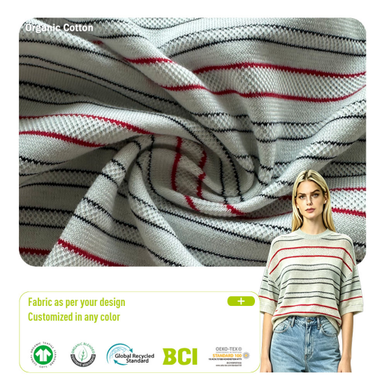 Organic Cotton Yarn-Dyed Stripe Jacquard Single Jersey 110-170 GSM, 100% Organic Cotton