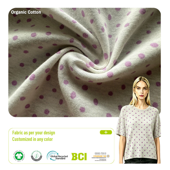 Organic Cotton Rib Knit White with Purple Dots 110-17 0GSM, 100% Organic Cotton