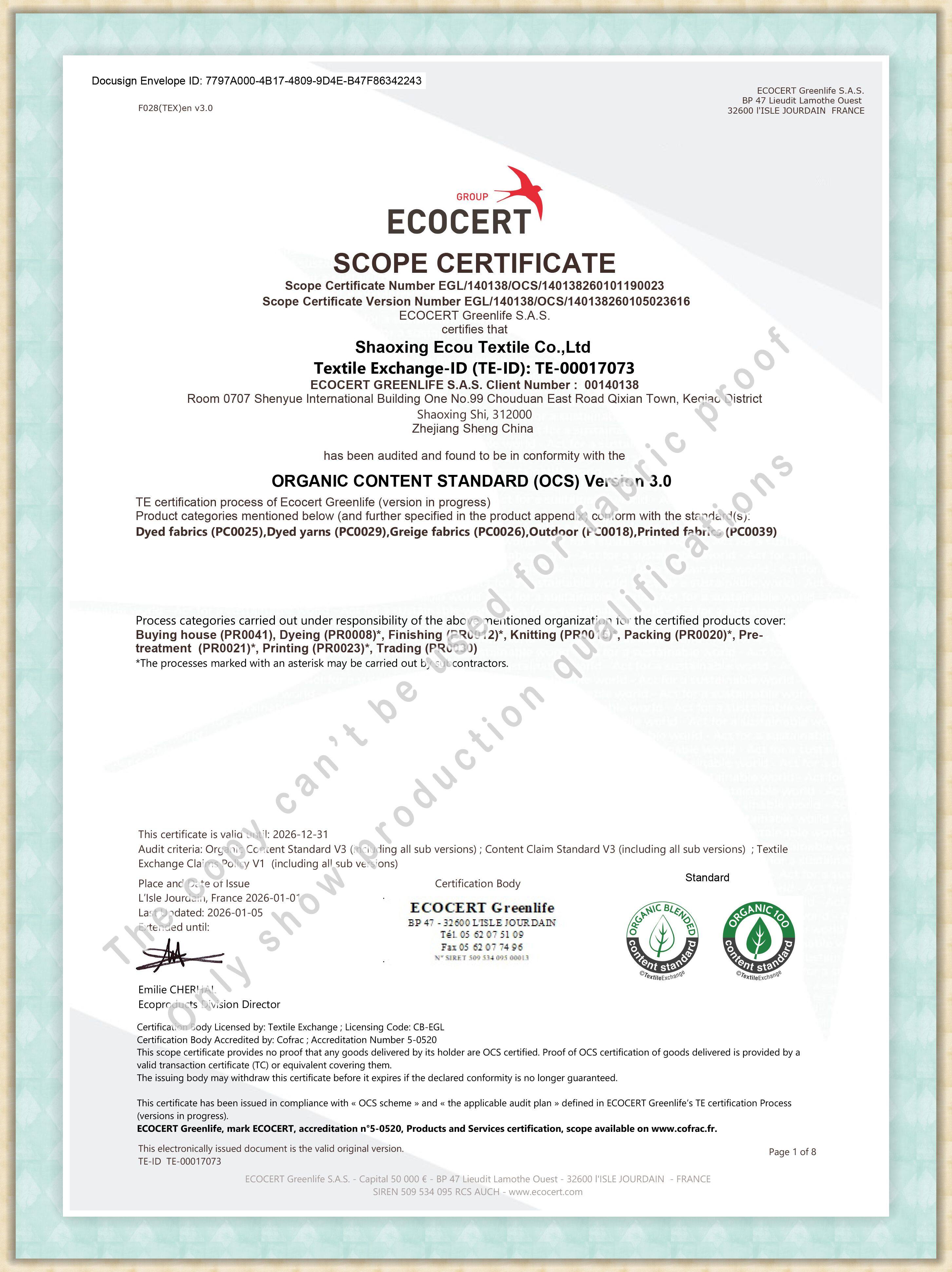Shaoxing Ecou Textile Officially Certified for OCS 3.0 Global Organic Textile Standard