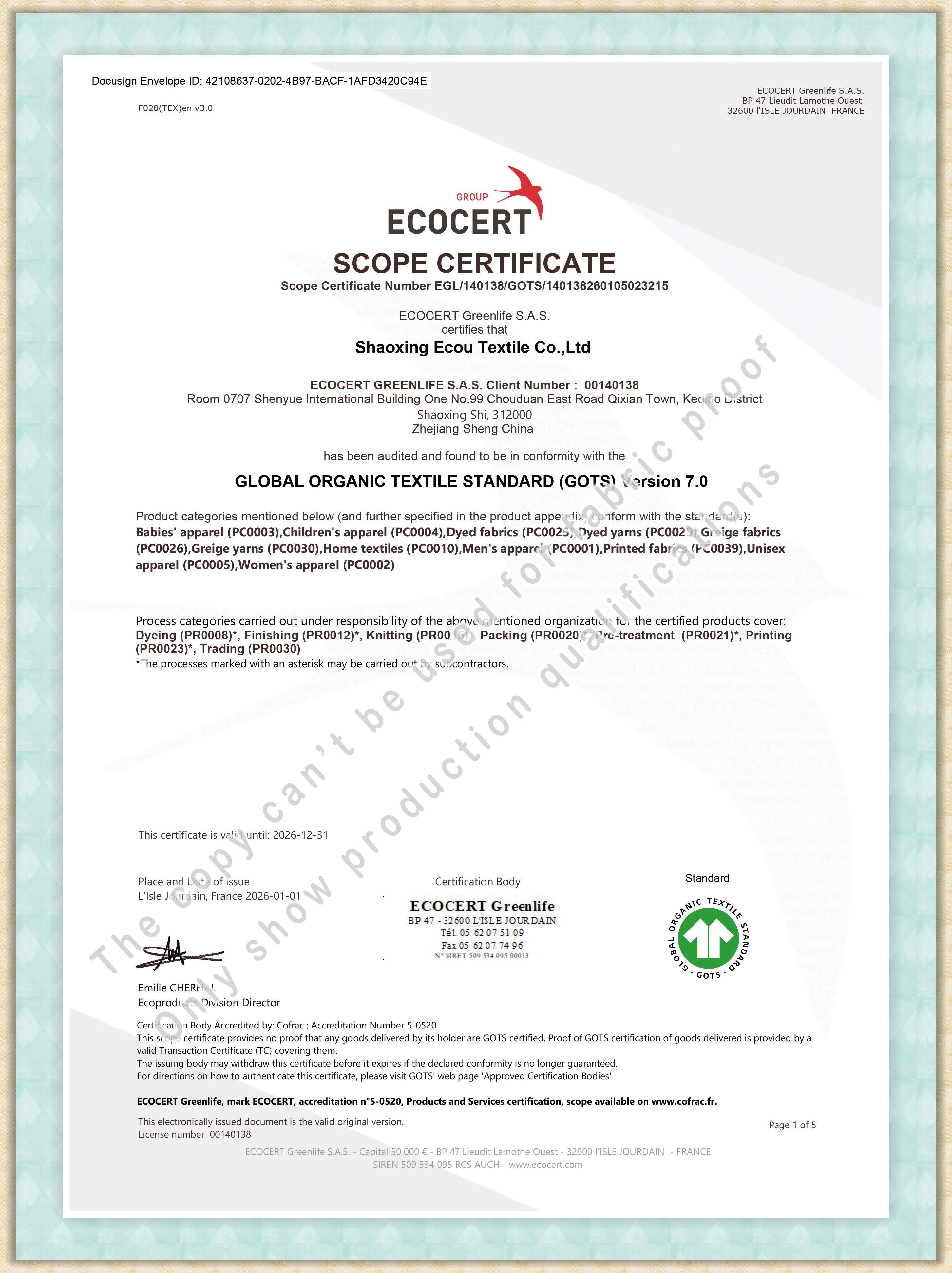 Great News! Ecou Textile Receives GOTS 7.0 Certification, Launching a New Era of Organic Textiles