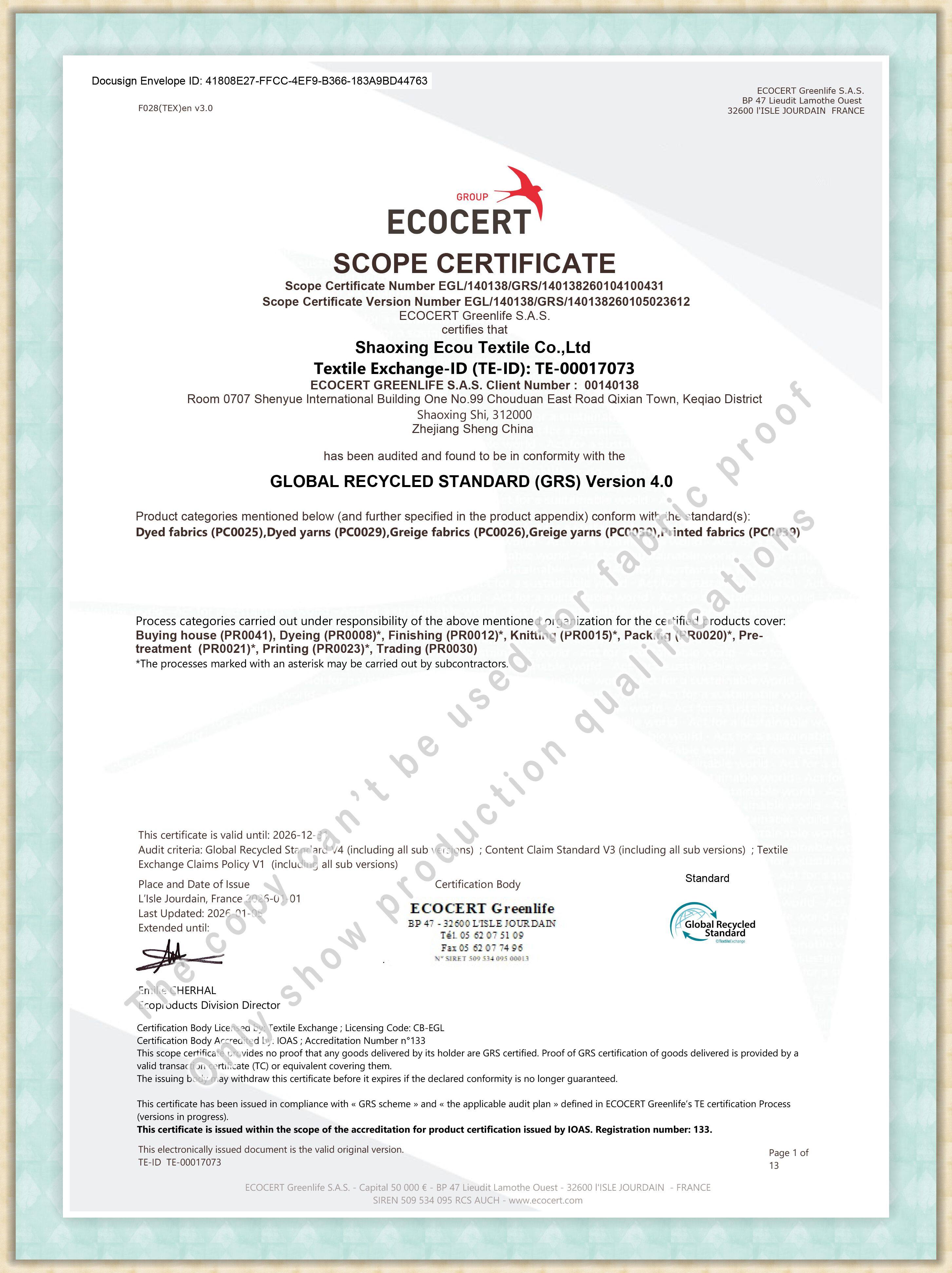 GRS Global Recycled Standard Certification