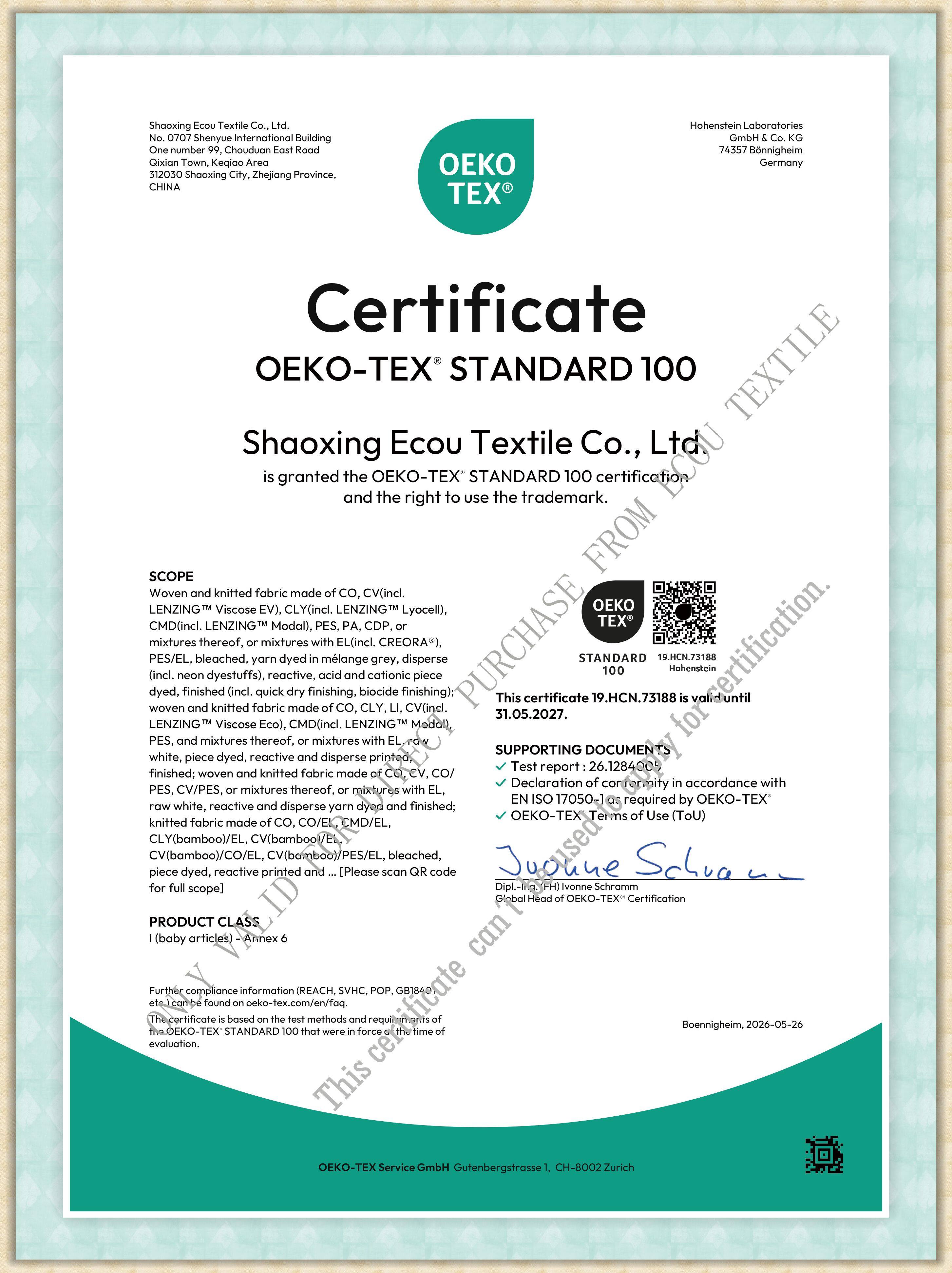 OEKO-TEX STANDARD 100 Certified Eco-Textile Certificate
