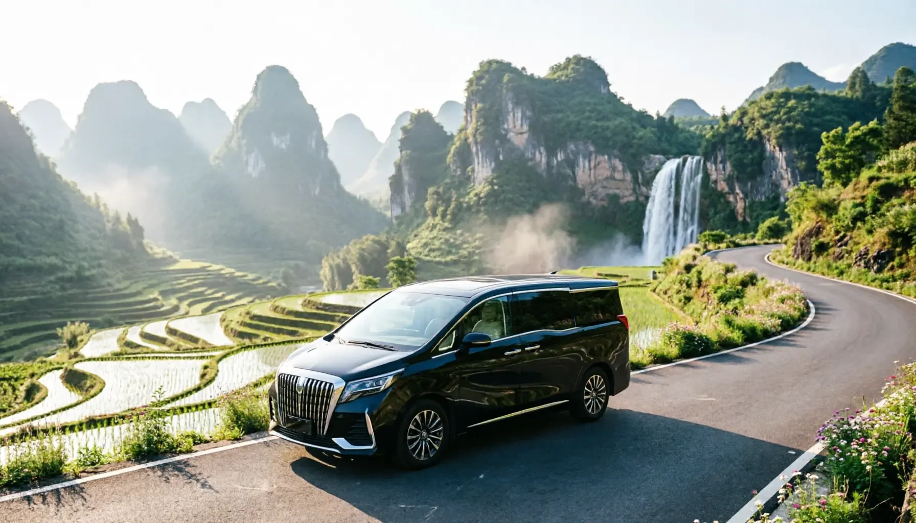 Karst peaks, terraced fields, and a waterfall along Guizhou's six-day classic tour route