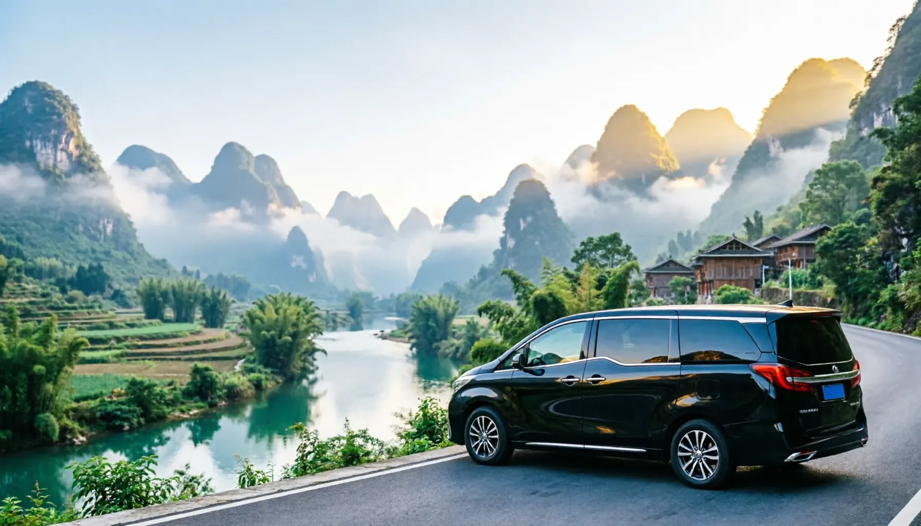 Black seven-seat business MPV parked on a riverside mountain road in Guizhou, China