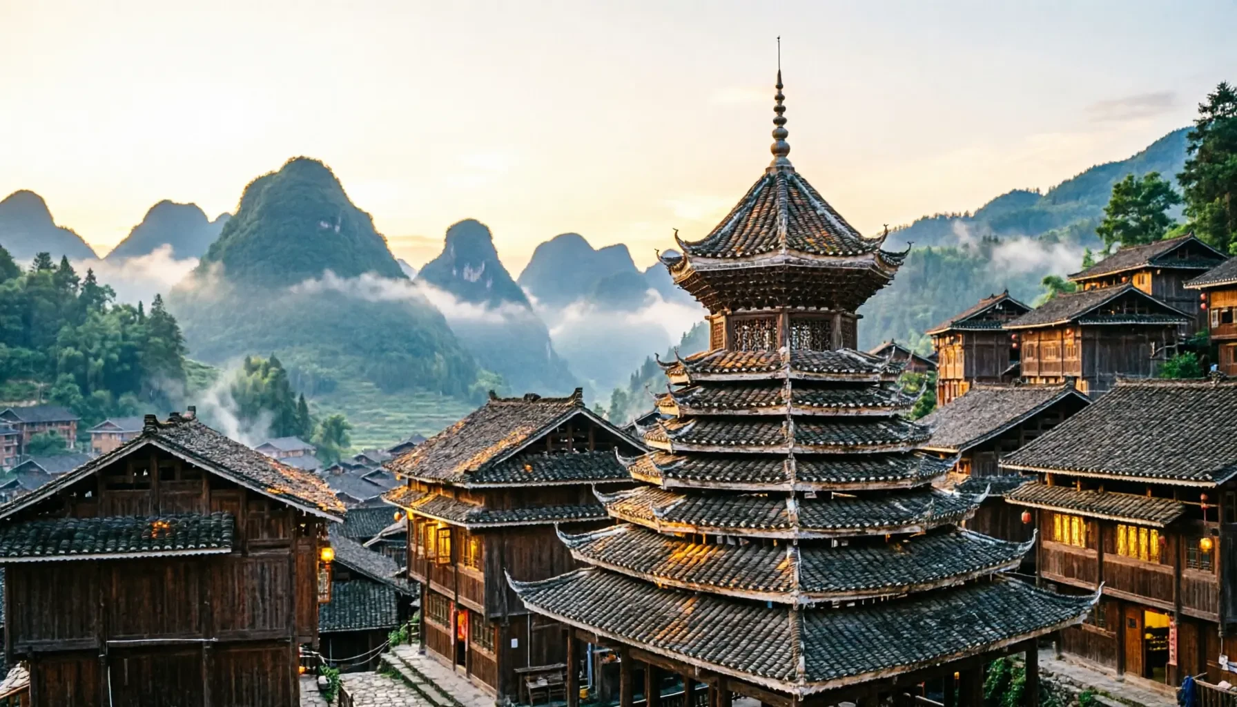 Scenic views of the Dong Village Drum Tower on the 8-day in-depth Guizhou tour