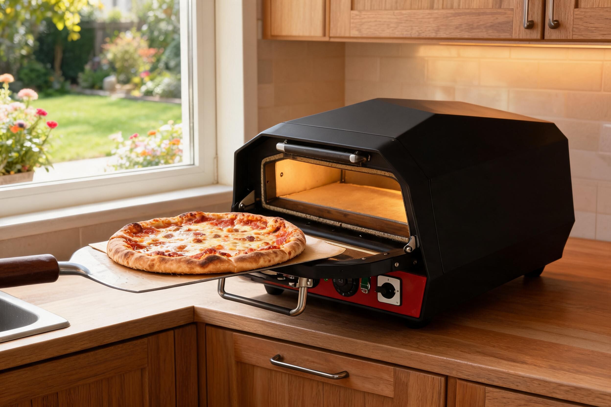 Family enjoying pizza from LUROPA oven in outdoor kitchen