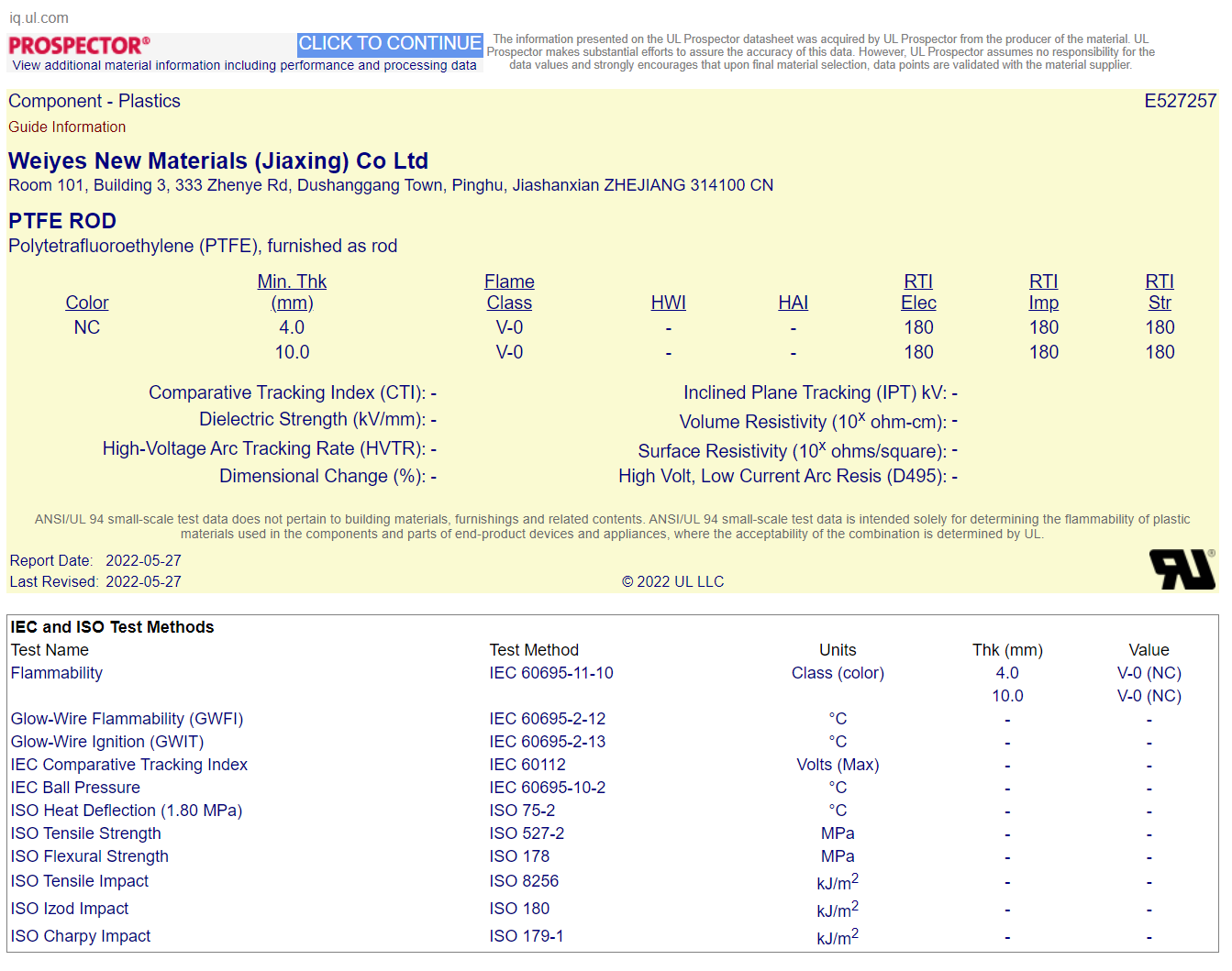 PTFE Teflon Polytetrafluoroethylene UL Certified