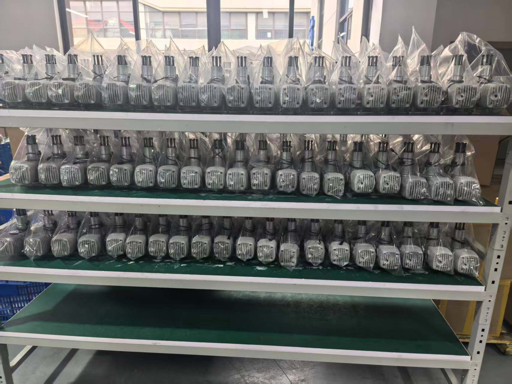 Engine components neatly arranged on warehouse shelves